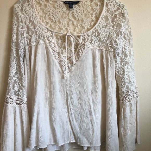 American Eagle Sheer cream blouse w/ bell sleeves - Picture 1 of 4